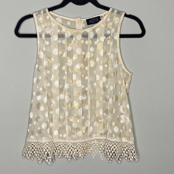 ASTR Blouse Womens Size XS Cream Gold Metallic Polka Dot Crochet Hem Button Back - Picture 3 of 10